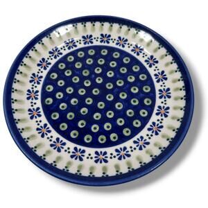 Polish Pottery Salad Plate 7.5" Blue Green Gingham Peacoc Stoneware Handcrafted